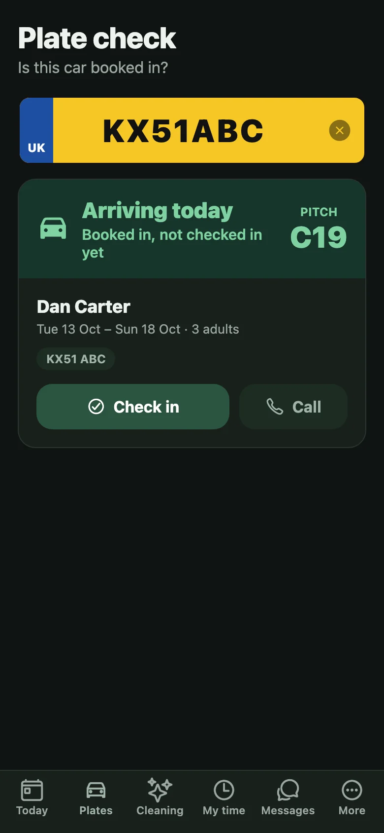 On a phone: Plate check. Walking the site? Type a number plate and see if it’s booked in, and where.