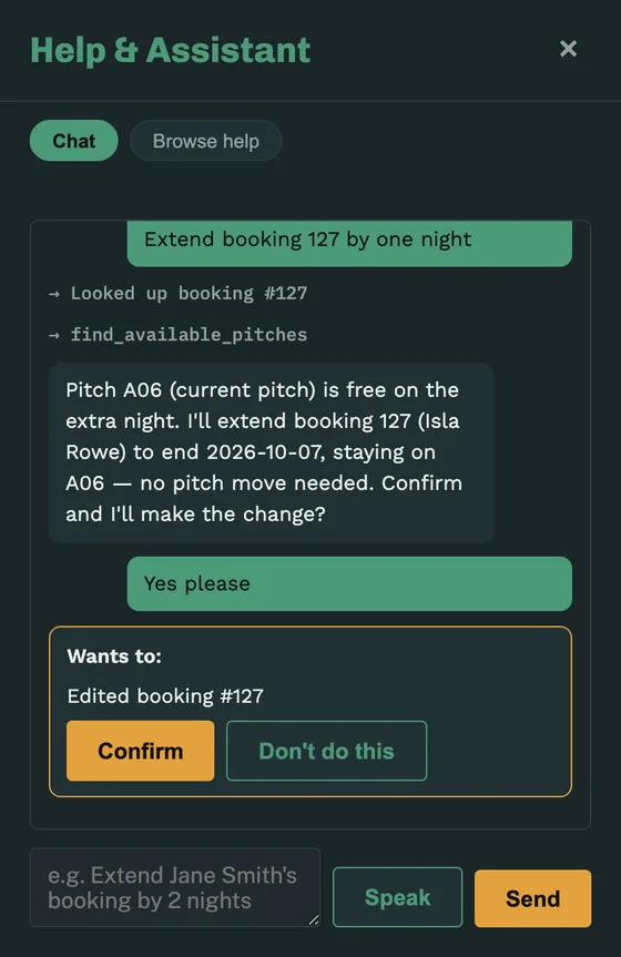 Assistant chat: asked to extend a booking, it describes the change and shows Confirm and Don’t do this buttons.