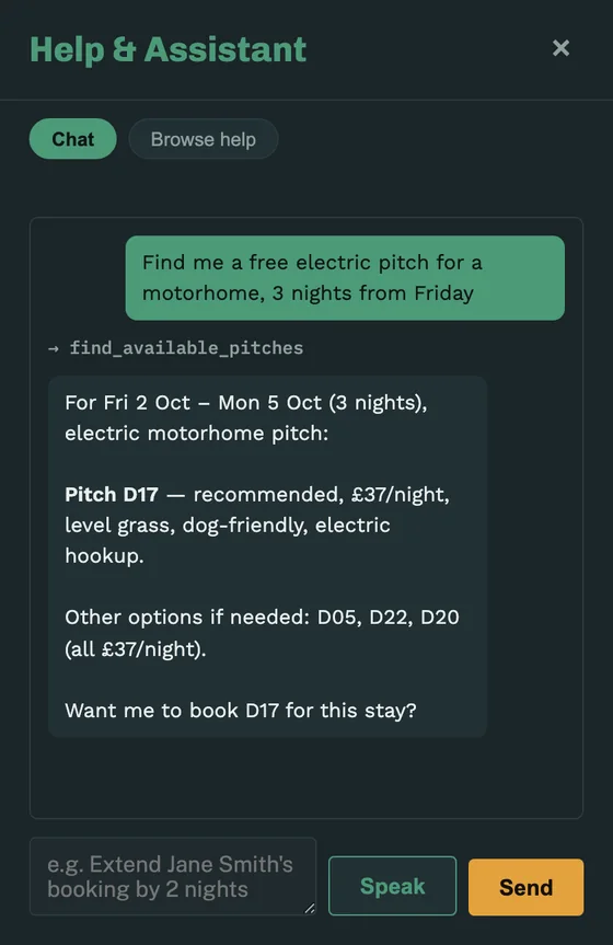 Assistant chat: asked for a free electric pitch for a motorhome, it lists three pitches with prices and recommends one.
