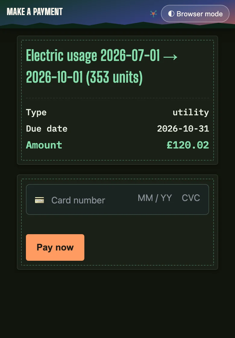 On a phone: an owner's electric bill with the amount, due date and a card payment box.